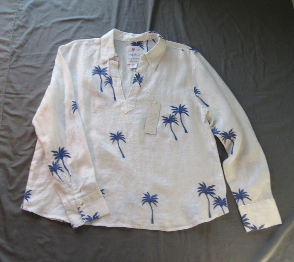 Calypso St Barth 100% Linen White Blue Palm Trees Long Sleeve Womens Top Size XL